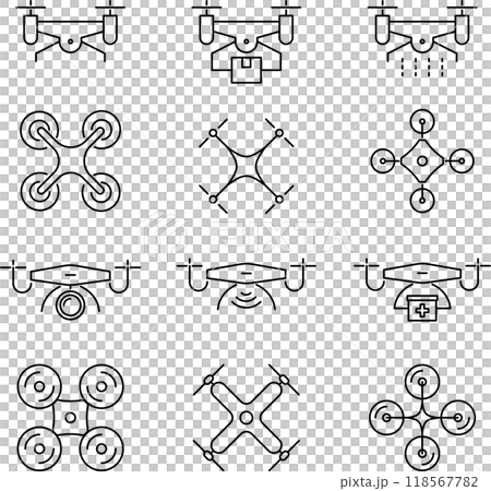 單色無人機線繪圖圖示設定在向量中 單色無人機線繪圖圖示設定在向量中 118567782