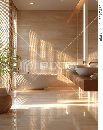 Minimalist bathroom with clean lines and neutral tones. Minimalist bathroom with clean lines and neutral tones. 118567822