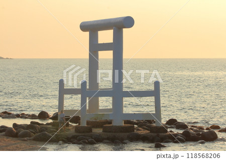 糸島桜井二見ヶ浦の白い鳥居へと向かう外国人観光客 118568206