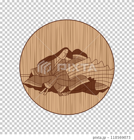 Circular wood carving of Hyakunin Isshu by Izumi Shikibu 118569073