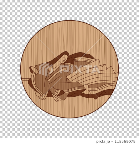 Wood carving of Hyakunin Isshu by Murasaki Shikibu Wood carving of Hyakunin Isshu by Murasaki Shikibu 118569079