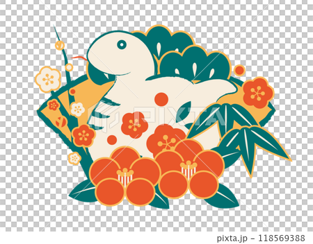 扇椿に松竹梅の巳年年賀状アイコン、レトロカラー、イラスト、かわいい、白蛇 扇椿に松竹梅の巳年年賀状アイコン、レトロカラー、イラスト、かわいい、白蛇 118569388