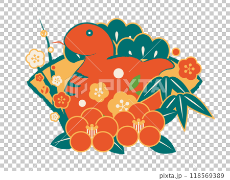 Snake Year New Year's card icon with pine, bamboo and plum on fan camellia, retro color, illustration, cute, red snake 118569389