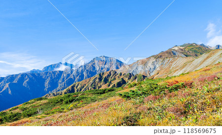 秋の唐松岳登山（八方山から鹿島槍ヶ岳・五竜岳・唐松岳を望む） 118569675