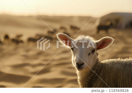 Close-Up of Serene White Sheep in Golden Desert Environment Close-Up of Serene White Sheep in Golden Desert Environment 118569826
