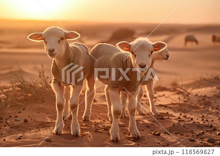 Two Young Lambs Standing in Desert Landscape Bathed in Warm Glow Two Young Lambs Standing in Desert Landscape Bathed in Warm Glow 118569827