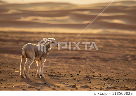 Lone Lamb Standing in Vast Desert Landscape Illuminated by Golden Light 118569828