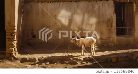 Serene Scene of Lone Sheep in Sunlight Outside Rustic Building 118569840