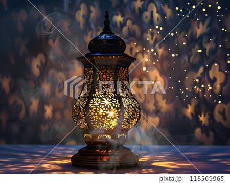 Beautifully Crafted Lantern Emitting Warm Glow in Dark Atmosphere 118569965