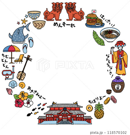 シンプルでかわいい沖縄県にまつわるイラストの円形フレーム（カラフル） 118570102