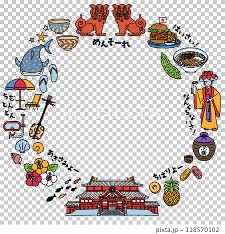 シンプルでかわいい沖縄県にまつわるイラストの円形フレーム（カラフル） 118570102