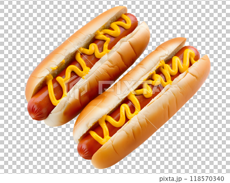 Two Delicious Hot Dogs with Mustard Isolated on Transparent Background 118570340