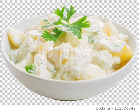 Creamy Potato Salad with Herbs in White Bowl Isolated on Transparent Background 118570348