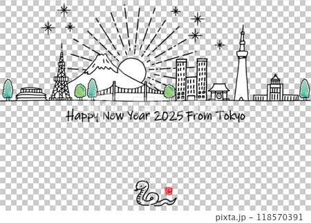 Hand-drawn Tokyo tourist destination cityscape 2025 New Year's card 118570391