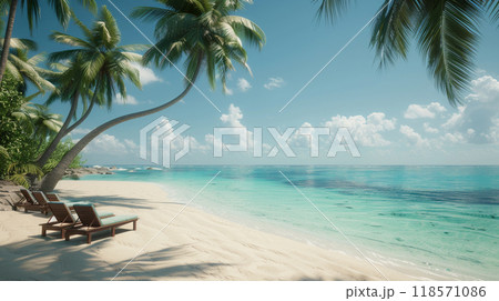 Idyllic beach scene featuring sun loungers under palm trees, inviting relaxation 118571086
