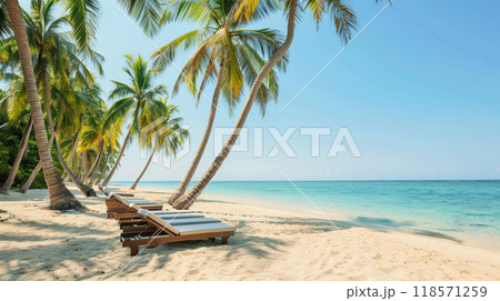 A serene tropical beach with sun loungers under swaying palm trees A serene tropical beach with sun loungers under swaying palm trees 118571259