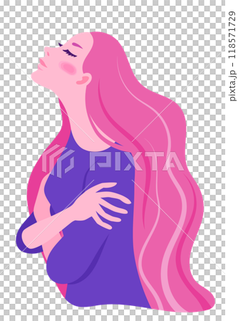 一個長髮女子閉著眼睛擁抱自己的側面 118571729