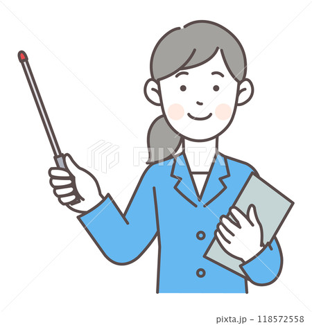 指示棒を持ったスーツの女性の上半身イラスト 指示棒を持ったスーツの女性の上半身イラスト 118572558