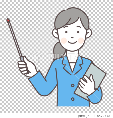 Upper body illustration of a woman in a suit holding a pointer 118572558