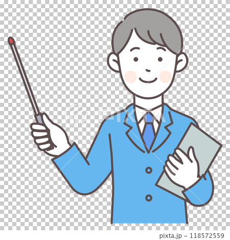 Upper body illustration of a man in a suit holding a pointer 118572559