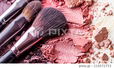 Make-up cosmetic product, beauty products and cosmetics swatch sample flatlay, various makeup brand tools as glamour fashion night out background idea 118572753