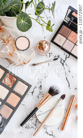 Make-up cosmetic product, beauty products and cosmetics swatch sample flatlay, various makeup brand tools as glamour fashion night out background idea 118572907