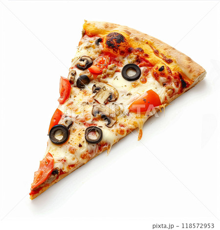 Pizza slice isolated on white background, online delivery from pizzeria, take away and fast food concept 118572953