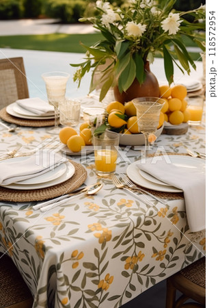 Botanical holiday tablescape, outdoor English country table setting, table scape with elegant tableware and dinnerware for wedding party and event, post-processed, generative ai 118572954