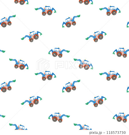 Beautiful vector childish seamless pattern with hand drawn watercolor kid toys illustrations. Construction equipment blue tractor. Beautiful vector childish seamless pattern with hand drawn watercolor kid toys illustrations. Construction equipment blue tractor. 118573730