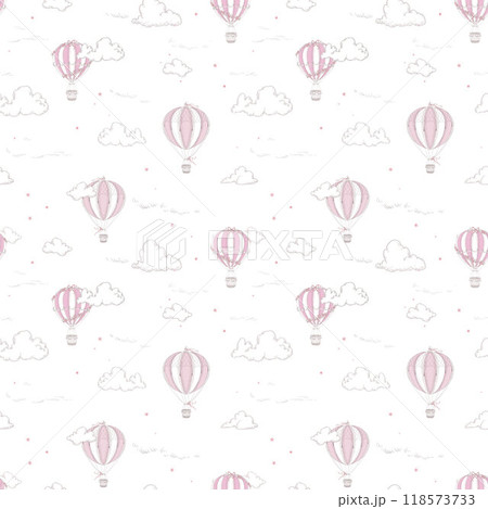Beautiful seamless pattern with hand drawn air balloons and clouds. Stock illustration. Ready print design. 118573733