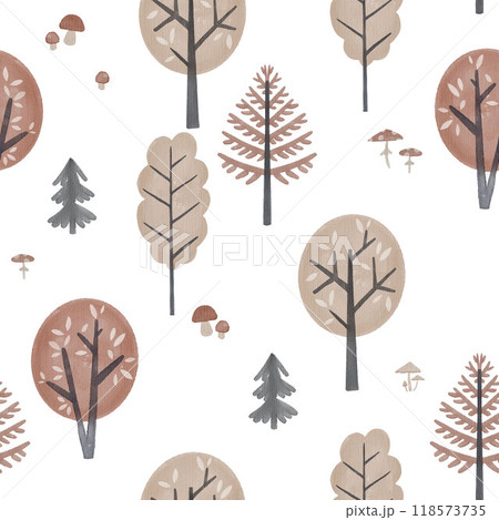 Beautiful seamless pattern with cute hand drawn forest trees. Stock illustration. Ready print design. 118573735