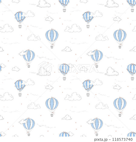 Beautiful seamless pattern with hand drawn air balloons and clouds. Stock illustration. Ready print design. Beautiful seamless pattern with hand drawn air balloons and clouds. Stock illustration. Ready print design. 118573740