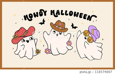Cowboy Hallowween Ghosts retro groovy Howdy western banner doodle drawing Cowboy Hallowween Ghosts retro groovy Howdy western banner doodle drawing 118574007