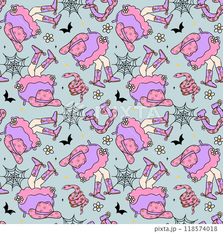 Funky Halloween Cowgirl boots Seamless Pattern Western Cowboy Spooky Doodle Retro Groovy isolated on background. 118574018