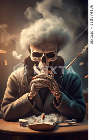 The image shows a skeleton dressed in a sharp suit, holding a cigarette between its skeletal fingers. Smoke swirls around the skeleton's skull and hands, creating an artistic, moody atmosphere. 118574136
