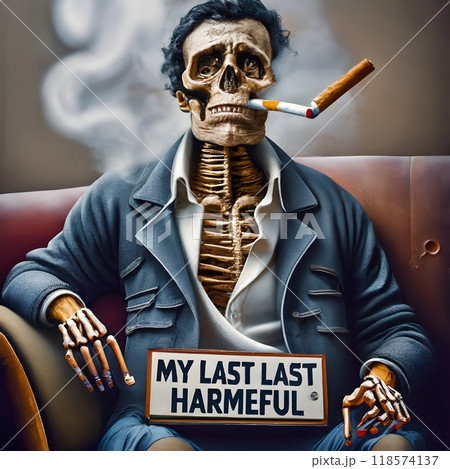 The image shows a skeleton dressed in a sharp suit, holding a cigarette between its skeletal fingers. Smoke swirls around the skeleton's skull and hands, creating an artistic, moody atmosphere. 118574137