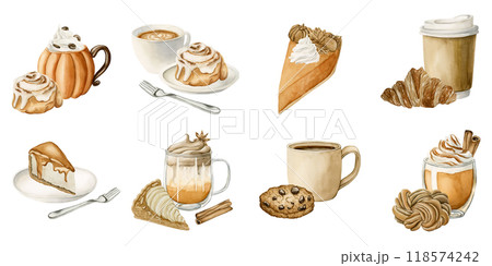 Autumn Drinks and Pastry Desserts Clipart. Set of fall sweets and beverages. Watercolor food illustration isolated on white background for Thanksgiving and fall design, cafe menu, cook book, packages 118574242