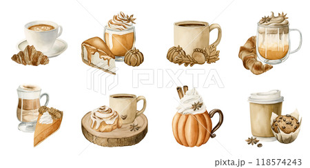 Autumn Drinks and Pastry Desserts Clipart. Set of fall sweets and beverages. Watercolor food illustration isolated on white background for Thanksgiving and fall design, cafe menu, cook book, packages 118574243