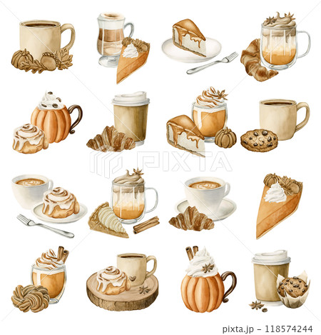 Autumn Drinks and Pastry Desserts Clipart. Set of fall sweets and beverages. Watercolor food illustration isolated on white background for Thanksgiving and fall design, cafe menu, cook book, packages 118574244