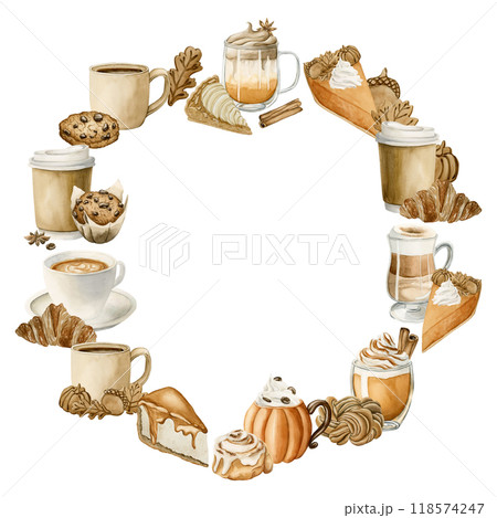Autumn Drinks and Pastry Desserts Wreath. Fall Sweets and Beverages. Watercolor food illustration isolated on white background for Thanksgiving and fall design, cafe menu, cook book, packages, card 118574247