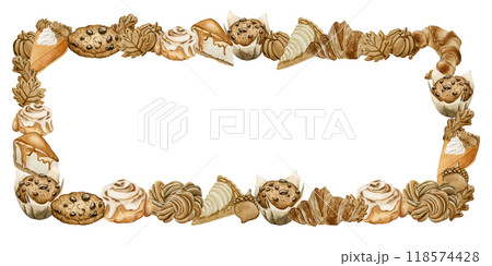 Autumn Pastry and Desserts. Horizontal frame with Fall Delicious Candy Sweets. Watercolor food illustration hand painted isolated on white background for Thanksgiving desig, logo, label, card Autumn Pastry and Desserts. Horizontal frame with Fall Delicious Candy Sweets. Watercolor food illustration hand painted isolated on white background for Thanksgiving desig, logo, label, card 118574428