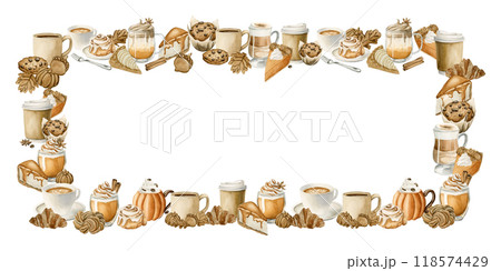 Autumn Drinks and Pastry Desserts Horizontal Frame. Fall Sweets and Beverages. Watercolor food illustration isolated on white background for Thanksgiving and fall design, cook book, packages, card 118574429