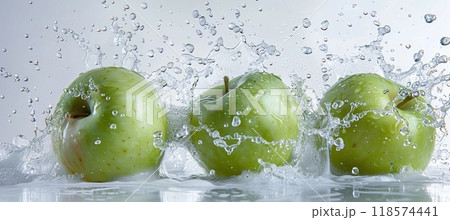 green apples in splashes of water, white background, minimalistic, copy space, side view green apples in splashes of water, white background, minimalistic, copy space, side view 118574441