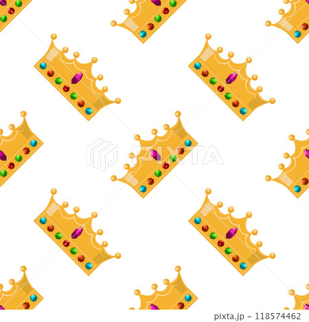 Vector gold crown icon seamless pattern. Simple crowning, queen or king yellow crown design. Royal imperial coronation symbol 118574462