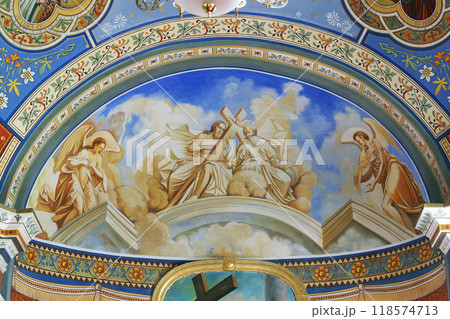 Holy Trinity, fresco in the parish church of Helena in Zabok, Croatia 118574713