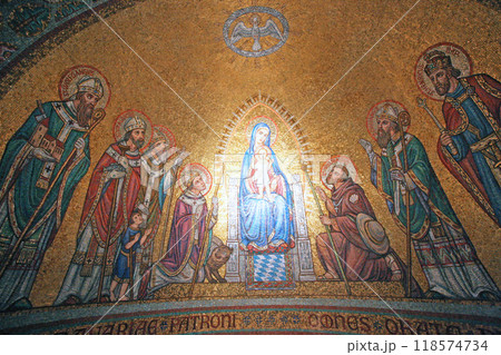 Mosaic of Madonna among the saints over a side altar inside the the Church of the Benedictine Abbey of the Dormition, Mount Zion, Jerusalem, Israel Mosaic of Madonna among the saints over a side altar inside the the Church of the Benedictine Abbey of the Dormition, Mount Zion, Jerusalem, Israel 118574734