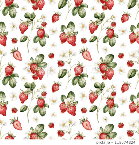 Strawberry, ripe berries with flowers and leaves. Watercolor illustration, floral seamless pattern on white background with summer fruit for table textile, summer fabrics, wrapping and food packages 118574824