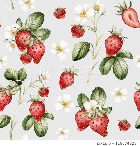 Strawberry, ripe berries with flowers and leaves. Watercolor illustration, floral seamless pattern on blue background with summer fruit for table textile, summer fabrics, wrapping and food packages 118574825