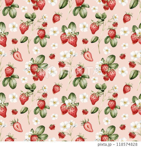 Strawberry, ripe berries with flowers and leaves. Watercolor illustration, floral seamless pattern on peach pink background with summer fruit for table textile, summer fabrics, wrapping, food packages 118574828