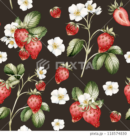 Strawberry, ripe berries with flowers and leaves. Watercolor illustration, floral seamless pattern on dark background with summer fruit for table textile, summer fabrics, wrapping and food packages 118574830